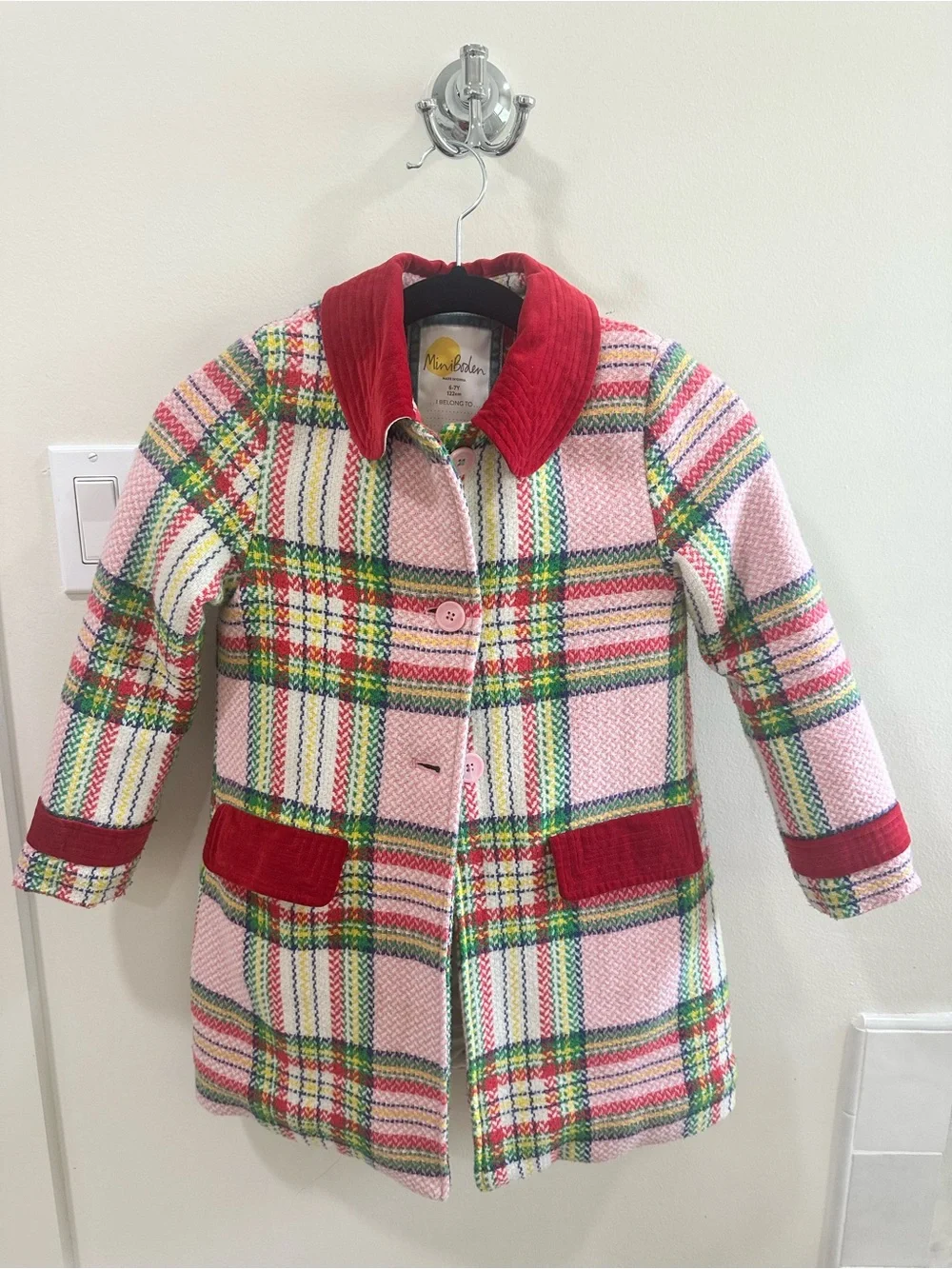 Mini Boden Pink Plaid Coat with Red Velvet Trim